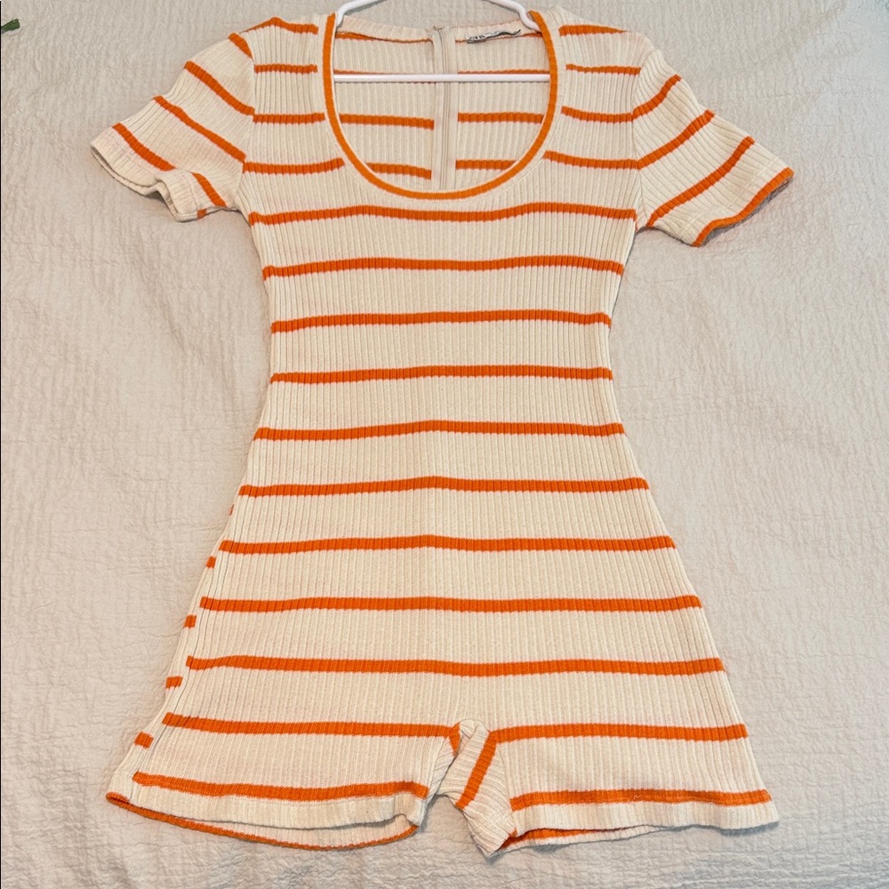 Zara Orange and White Striped Women's Romper